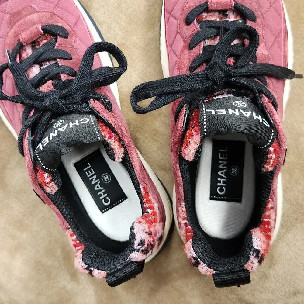 Chanel Casual Fabric Tweed Suede Sneakers, Authentic